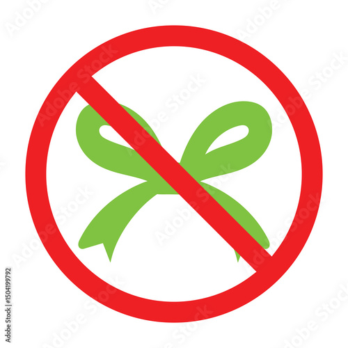 Forbidden sign with green ribbon bow icon, no ribbon bow allowed sign, bow prohibition symbol