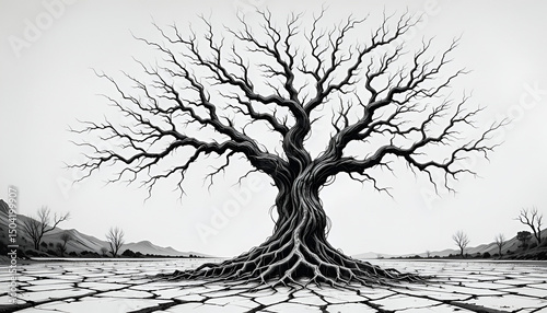 Monochrome drawing of a stark tree with tangled roots and contorted limbs, evoking desolation in a dry, lifeless environment.
