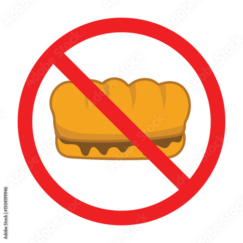 Forbidden sign with sweet chocolate bread icon, no sweet bread allowed sign,  processed flour food prohibition symbol, do not eat bread sign
