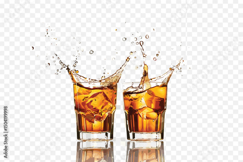 Glasses of whisky with ice isolated on white background.