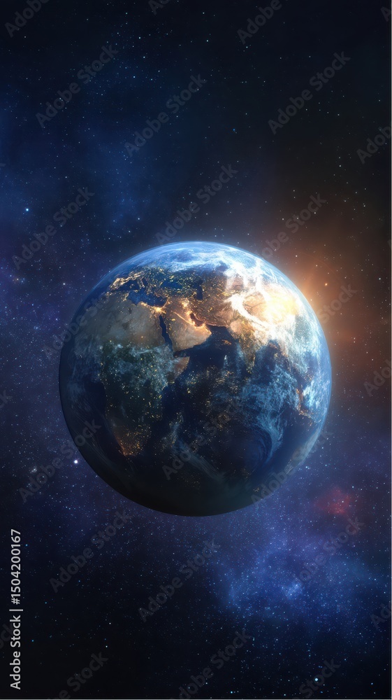 Naklejka premium Planet earth as seen from space, with city lights illuminating the continents and celestial background