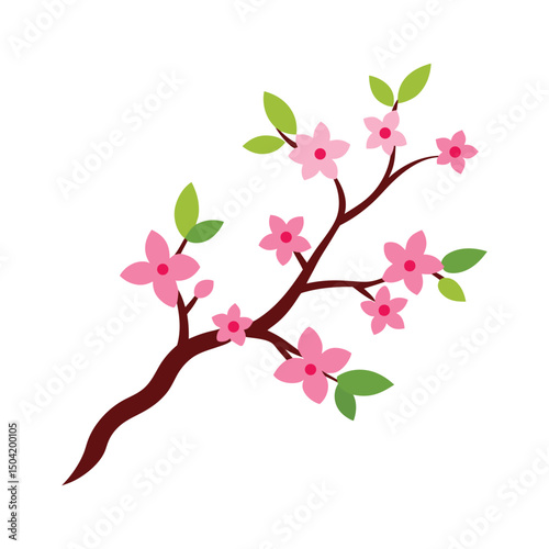 Simple vector graphic of flowering cherry blossom branch with green leaves