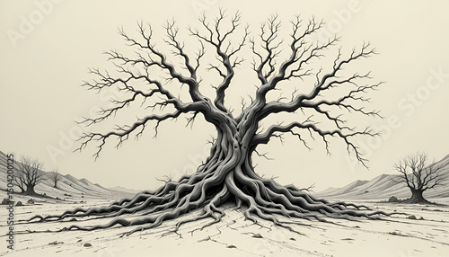 Monochrome drawing of a stark tree with tangled roots and contorted limbs, evoking desolation in a dry, lifeless environment.
