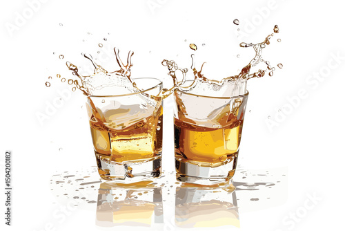 Glasses of whisky with ice isolated on white background.