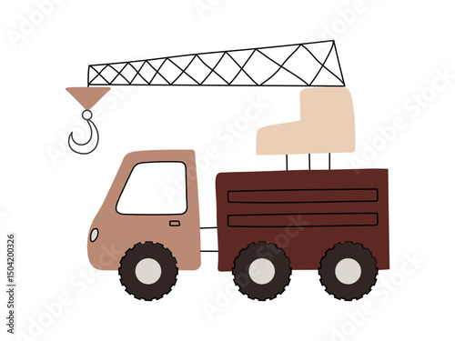 Cute Construction Crane Vehicle Clipart for Kids. Crane truck illustration in brown and beige tones featuring a boom arm with hook and rugged wheels in a flat vector style