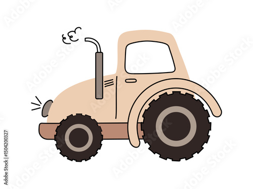 Minimalist Vintage Tractor Illustration for Kids. Tractor illustration in beige and brown with large tires and simple outlines on a white background