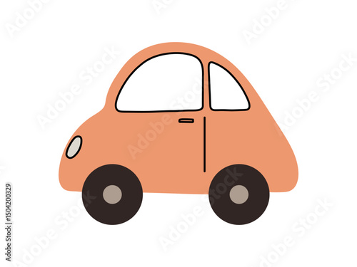 A playful orange car with rounded shapes and basic features. Ideal for children's illustrations, branding, or creative projects that require a light-hearted design.