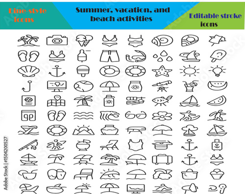 100+ Summer Vacation Beach Activities Line Icons Editable Stroke Vectors