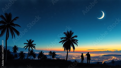 Silhouette couple watching city lights at night