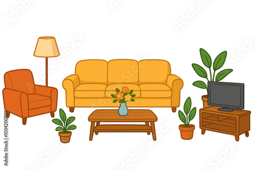 Cozy living room setup with colorful furniture and decorative plants in a modern style