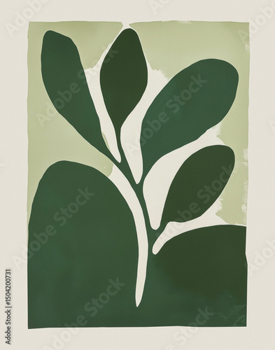 Dark green abstract leaf print with bold shapes for modern interior design. photo