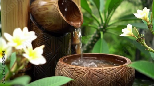 The tranquil setup is surrounded by lush green tropical foliage and delicate frangipani (plumeria) flowers, creating a calming and natural spa-like atmospher