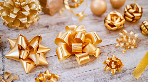 Gold bow and satin ribbon decoration for gift wrapping and festive occasions