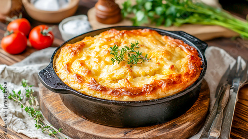 Golden cornbread baked in cast iron skillet, rustic homemade recipe with crisp crust