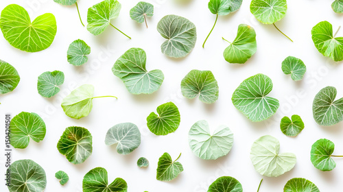 Green leaves scattered on white background, natural foliage texture and organic pattern isolated