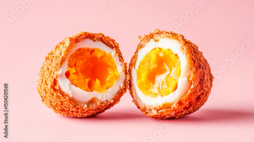 Halved scotch egg on pink backdrop, detailed close-up of classic British snack