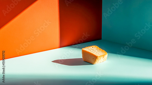 Isolated food product casting bold shadow, minimalist culinary presentation with dramatic lighting