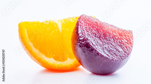 Juicy half grape and half orange slice with bright colors and fresh texture, displayed on light background isolated on white background