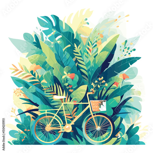 Decorative bicycle decorated with flower pots. Decoration for garden or park. Lawn design. Hand drawing print design. Flat style in vector illustration. Isolated element.