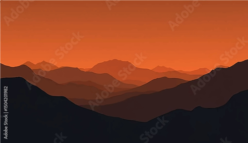 vector illustration of a mountain landscape at sunset. Include multiple layers of mountains in silhouette with varying shades of dark brown and black. The background should feature a large orange sun 