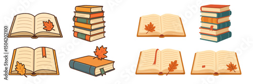 Collections of open and closed books with leaves in a cozy autumn setting