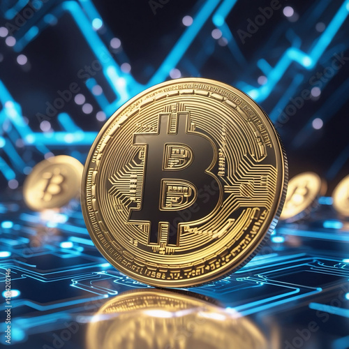 Multiple Golden Bitcoins with Futuristic Digital Circuit Background