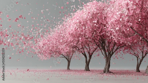 pink cherry blossom trees with falling petals, creating an enchanting and dreamy atmosphere for mobile phone wallpaper