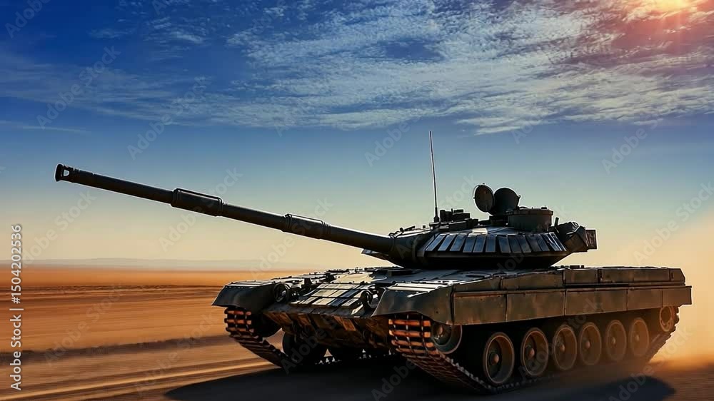 A powerful tank traversing the vast desert under a dramatic sky. The tank's imposing presence and the arid landscape create a striking visual contrast.