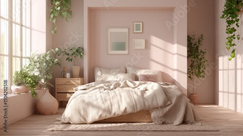 A minimalist bedroom with a pink and green pastel color scheme