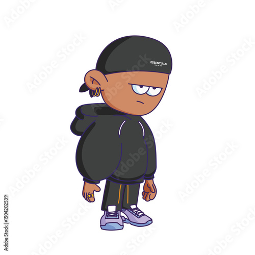 Cartoon-style character illustration with a bored or tired expression.