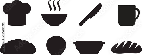 Delicious Food Icons Set Chef Hat Bread Bowl Mug Knife Bakery Restaurant Menu Design