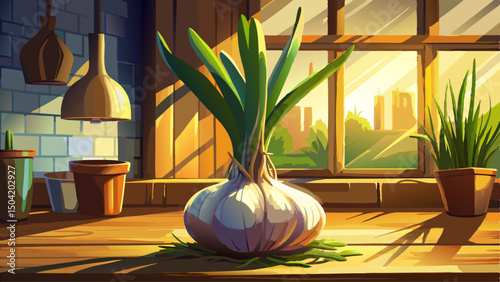 A sprouting garlic bulb rests on a rustic countertop, bathed in warm sunlight. Its fresh green shoots stretch upward, symbolizing growth and simplicity in a natural, cozy kitchen scene.