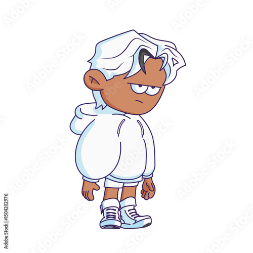 Cartoon-style character illustration with a bored or tired expression.