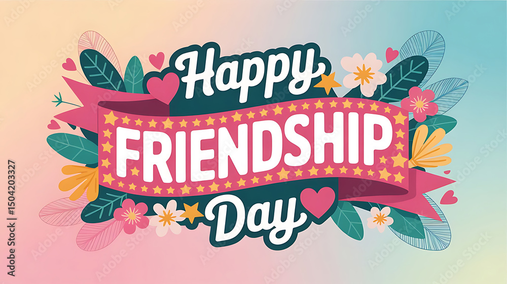 Obraz premium Happy friendship day festive illustration with flowers and ribbon