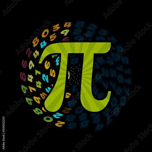 Mathematical pi symbol design. Colorful numbers and pi on black background.