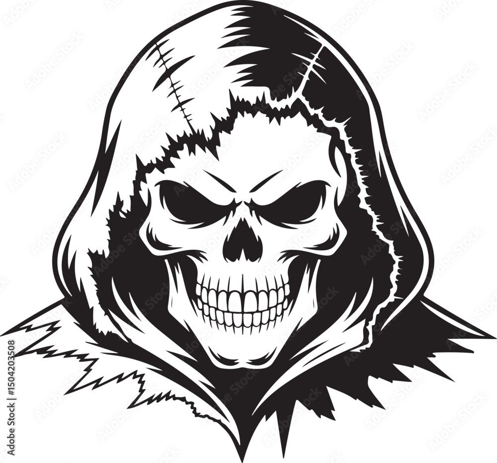 Fototapeta premium Grim Reaper Skull silhouette in Hood – Dark Gothic Skull Vector Illustration | Stylized Grim Reaper Skull Illustration in Hooded Cloak on White Background