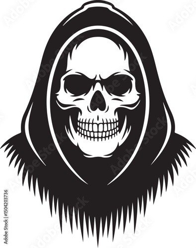 Grim Reaper Skull silhouette in Hood – Dark Gothic Skull Vector Illustration | Stylized Grim Reaper Skull Illustration in Hooded Cloak on White Background