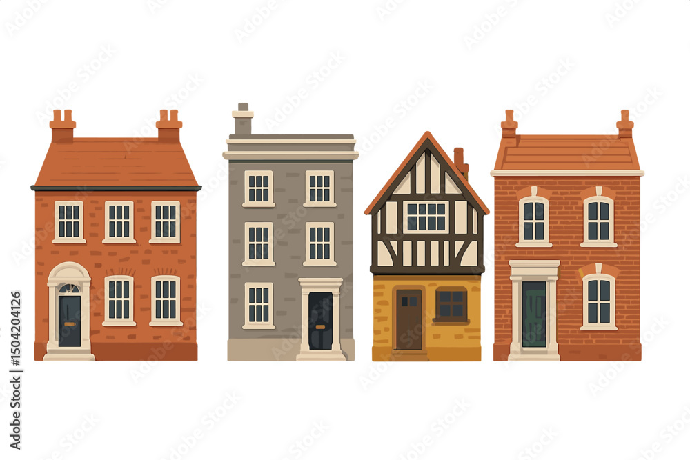 Fototapeta premium Different styles of charming residential houses lined up in a row with varied architectural designs and colors