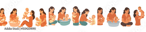 Mother caring for her babies through various stages of bathing and nurturing in a cozy indoor setting