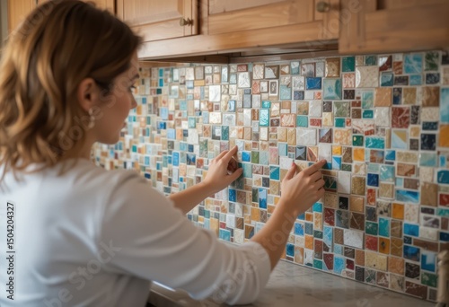 Mujer reemplaza viejos azulejos de cocina con coloridas piezas de mosaico, creando un protector contra salpicaduras artístico y personal photo