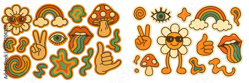 Vibrant collection of retro-style stickers featuring plants, rainbows, and playful characters