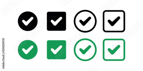 Flat check mark symbol set inside a circle or square. Simple illustration vector design. Black and green colors.