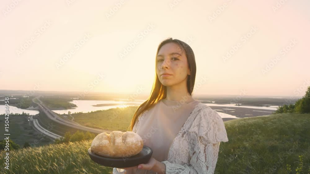 female baker stands proudly holding freshly baked bread in her hands, surrounded by field where rye was harvested. setting sun casts warm glow over scene. Portrait.