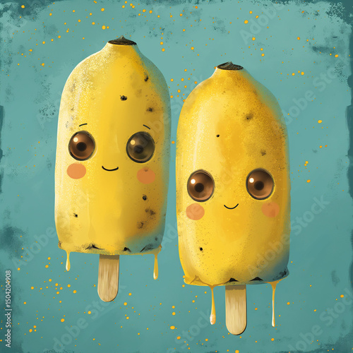 Cute Banana Popsicles: Cartoon Fruit Desserts with Adorable Faces on Blue Background