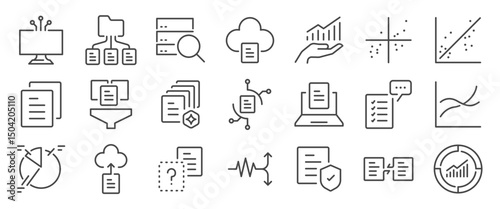 Data driven icon set. It includes file, folder, cloud, server, transaction, and more icons. Editable Vector Stroke.
