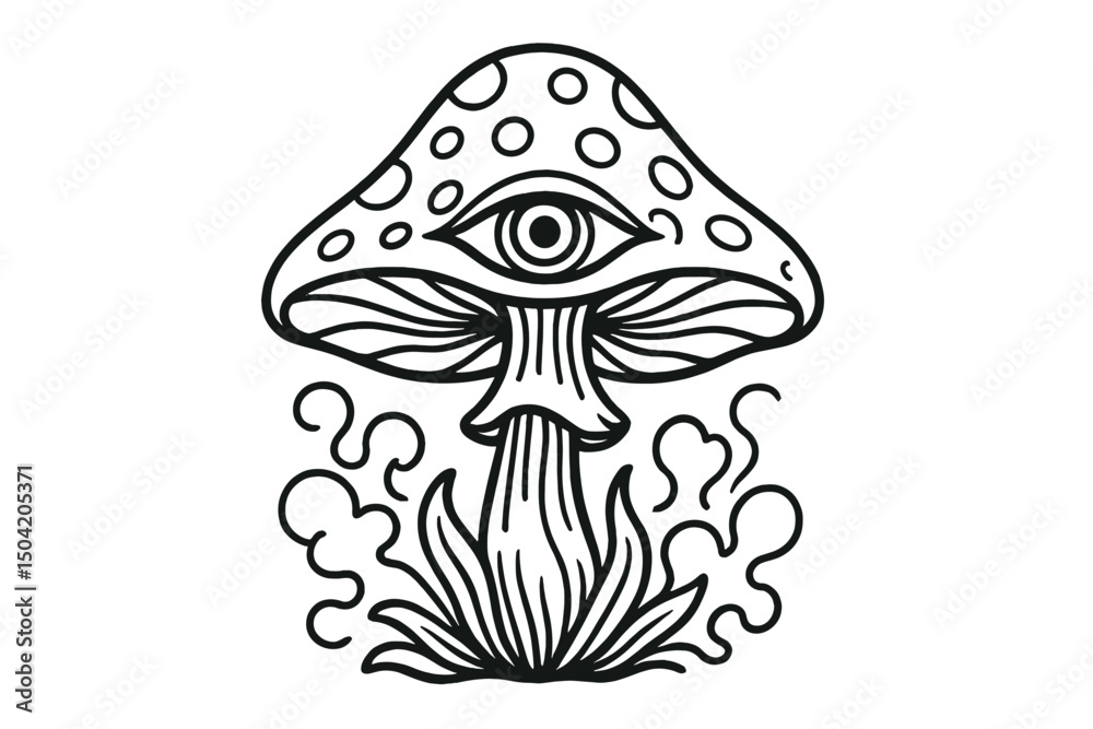 Obraz premium Mushroom with a single eye surrounded by swirling smoke and grass under a whimsical design