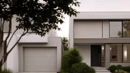 Modern Minimalist Two-Story House Exterior with Garage and Large Windows in Contemporary Residential Neighborhood