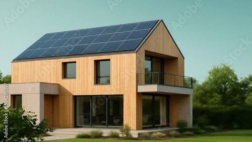 Modern Sustainable Wooden House with Large Solar Panel Roof and Energy-Efficient Design in Green Landscape
