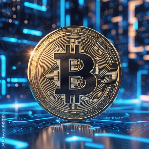 Bitcoin Cryptocurrency Coin with Futuristic Digital Background