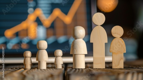 Wooden Family Figurines Representing Population Growth Trend with Colorful Bar Chart Background on Neutral Surface